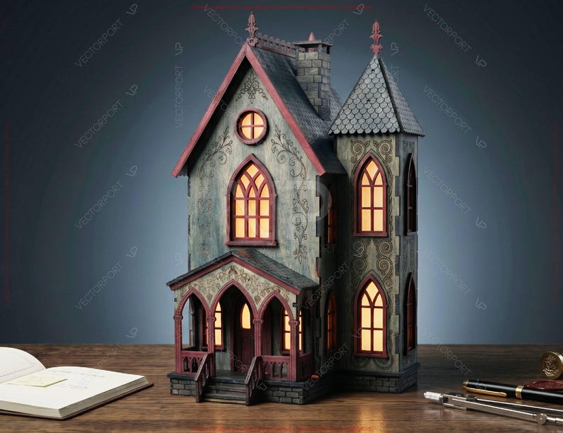 May include: A detailed, gray and red miniature haunted house with illuminated windows. The house features a tower, arched windows, and a porch. A book, pens, and a coin are on the wooden surface in front of the house.