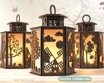 Autumn Forest Scene Lantern Tea light Halloween Theme Forest with Pumpkin Candle Holder Laser Cut Wooden Lamp Digital Download SVG |#252|