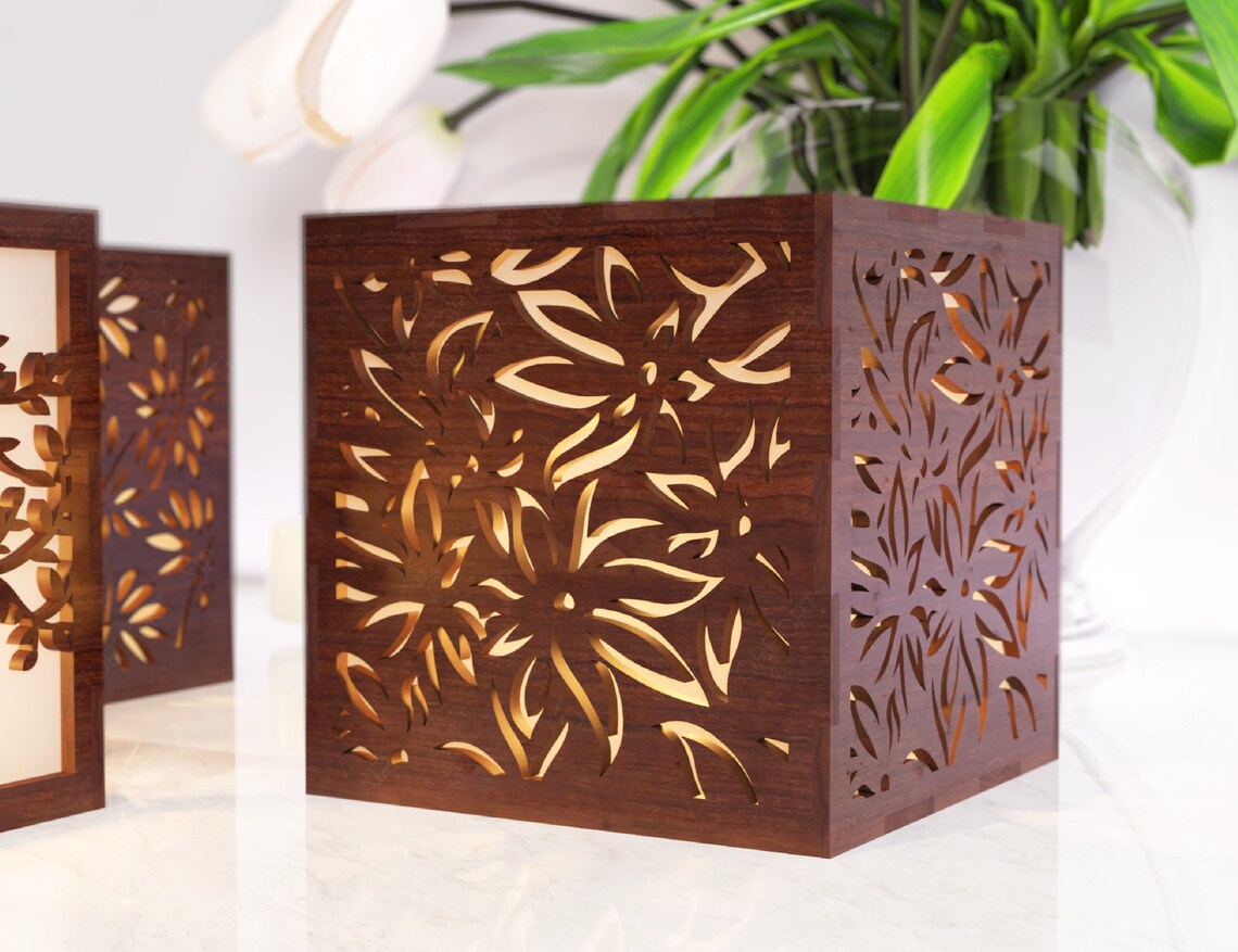 Tree Flowers Candle Holder Laser Cut With Leaves Lamp Wood Tea Etsy