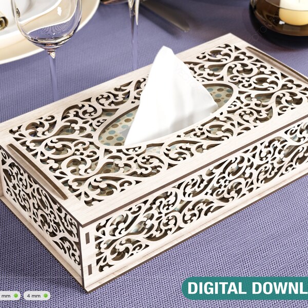 Florale dekorative lasergeschnittene Taschentuchbox Tischplatte Holzserviettenhülle Glowforge SVG Digitaler Download |#123|
