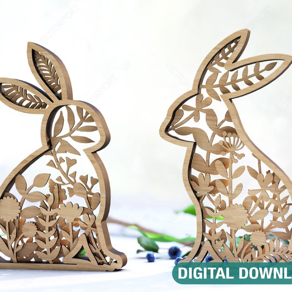 Easter Laser Cut Files Rabbits SVG layered bundle, Floral Bunny multilayer Digital Download |#187|