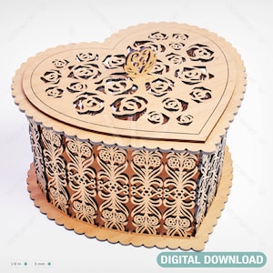 Jóias em forma de coração de madeira modelo de caixa de corte a laser modelo de vetor de história de amor de casamento Glowforge arquivo de corte de madeira compensada Download digital |#023|