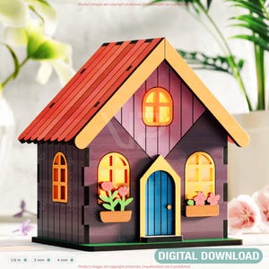 Casa de jardim de vila em miniatura colorida e charmosa com lindos detalhes florais – Design intrincado cortado a laser para download digital faça você mesmo |#532|