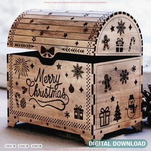 May include: A wooden chest with a domed lid, laser-cut with Christmas-themed designs. The chest features snowflakes, stars, a gingerbread man, and the words "Merry Christmas." The chest is a digital download.