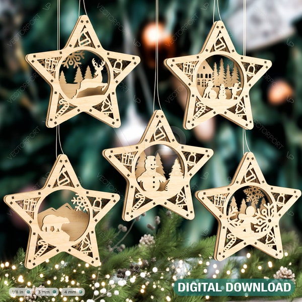 Star shape Christmas Tree Decorations Craft Hanging Bauble Snowy Scene Deer New Year Décor Laser cut Digital Download |#314|