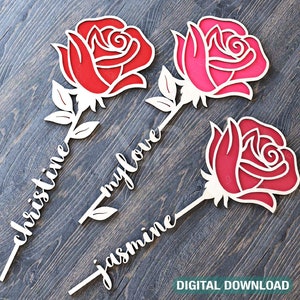 Rose Blume Laser geschnitten Kunst Valentinstag Acryl Holz personalisierte Blume mit Namen editierbare Schnittdateien Digital Download |#178|