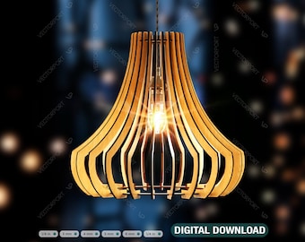 May include: A wooden pendant light fixture with a bell shape and a light bulb inside. The fixture is made of thin strips of wood that are arranged in a radial pattern. The light bulb is a standard incandescent bulb.
