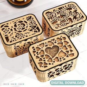 Caja de madera decorativa con diseño de flores y corazones, archivo cortado con láser, estuche para joyas, caja para bodas, cumpleaños, caja para el día de la madre, descarga digital /#220/