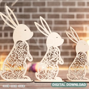 Adornos de Pascua de pie Archivos cortados con láser de Pascua Conejito SVG paquete Conejo floral Descarga digital /#193/