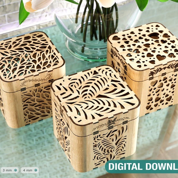 Dekorative Geschenkbox aus Holz mit Herz-Blumen-Muster, Juwelier-Etui, Hochzeit, Geburtstag, Muttertag, Geschenkbox, lasergeschnitten, digitaler Download |#250|