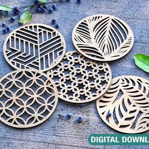 Leaves Round Laser Cut Wood Coasters Drink Tea Coffee Cup Mat Pad Placemat Tableware Digital Download | SVG, DXF |#184|