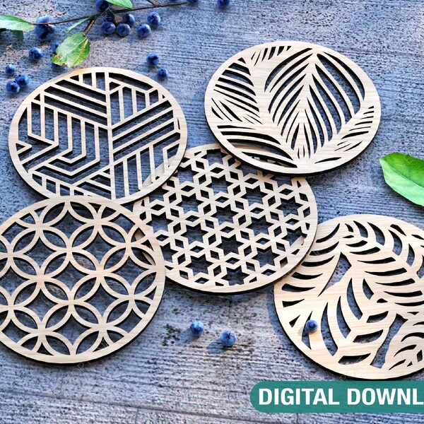 Leaves Round Laser Cut Wood Coasters Drink Tea Coffee Cup Mat Pad Placemat Tableware Digital Download | SVG, DXF |#184|