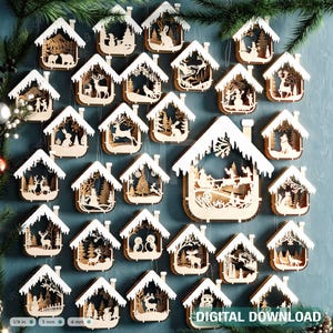 Set di decorazioni natalizie 3D a forma di casa, tema di Capodanno, decorazioni per l'albero, artigianato, palline di Natale appese, innevate, taglio laser, download digitale /#512/