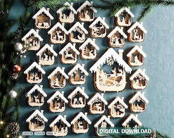 May include: A set of 25 laser cut wooden ornaments featuring winter scenes, including snowmen, reindeer, and houses. The ornaments are white with brown details and are perfect for decorating a Christmas tree or adding a festive touch to your home decor.