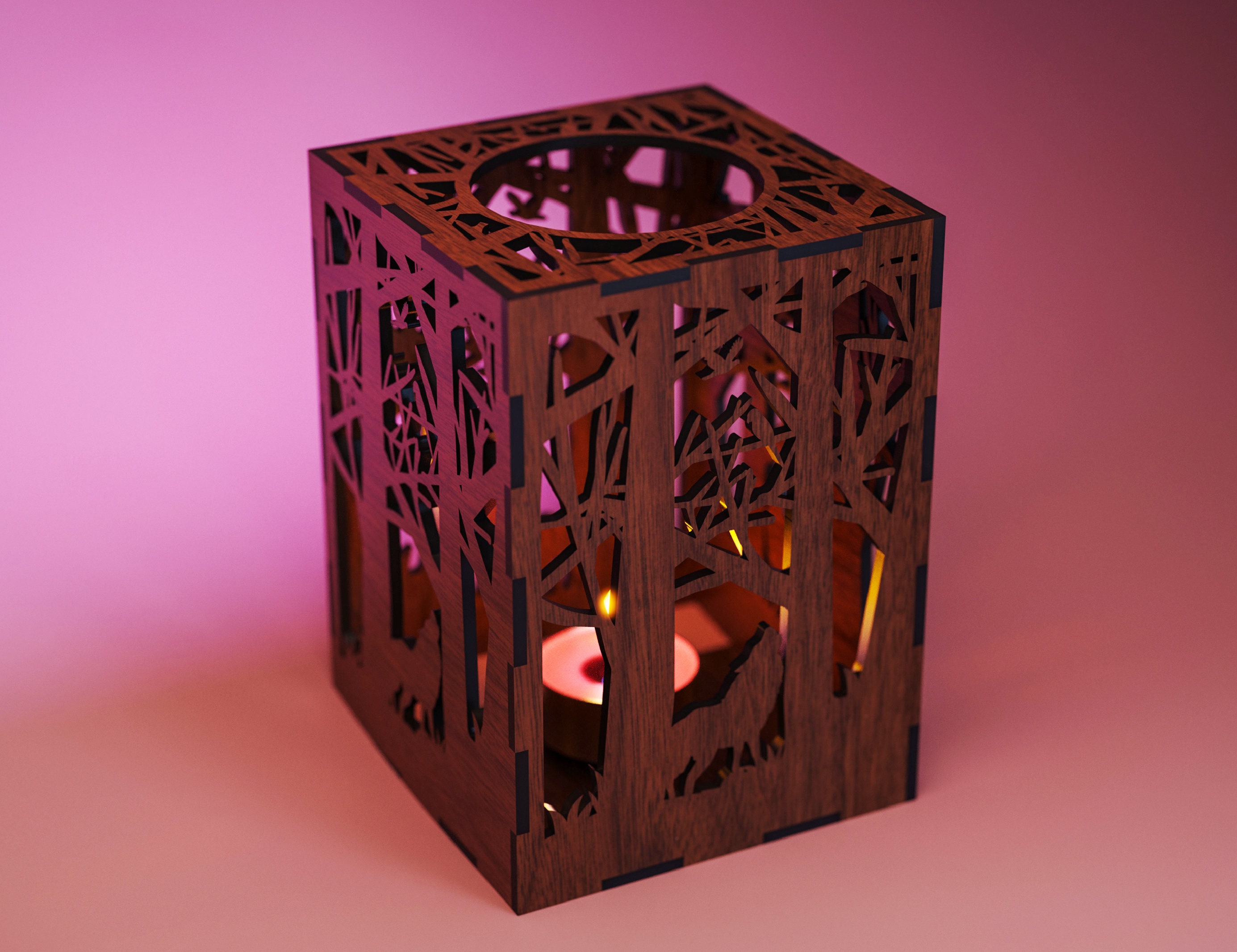 Tree Candle Holder Laser Cut With Animals Lamp Wood Tea Light Etsy