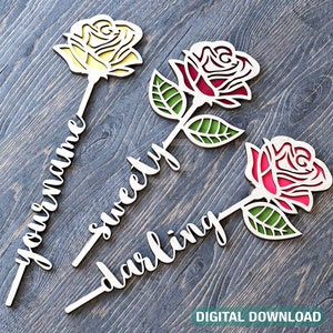 Rose Flower Laser Cut Out Art Valentijnsdag Acryl hout Gepersonaliseerde bloem met naam bewerkbare Cut Files Digitale Download |#169|