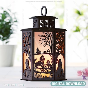 Lanterna de floresta com silhueta de cachorro spaniel e cachorrinho: suporte de vela tealight cortado a laser luz noturna lanterna de cena de floresta download digital |#444|