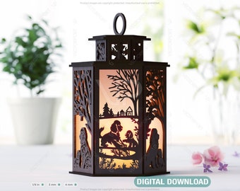 Spaniel & Puppy Dog Silhouette Forest Lantern: Laser Cut Tealight Candle Holder Night Light Forest Scene Lantern Digital Download |#444|