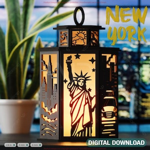Pannelli per lampade da tavolo tagliati al laser di New York City - Statua della Libertà, grattacieli e taxi - Light Box con skyline di New York in formato SVG - Download digitale /#572/