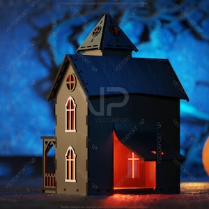 May include: A wooden model of a haunted house with a glowing orange window. The house is dark brown with a black roof and white trim. The house is set against a blue and black background.