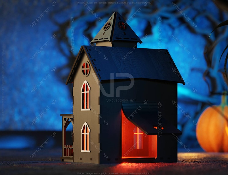 May include: A wooden model of a haunted house with a glowing orange window. The house is dark brown with a black roof and white trim. The house is set against a blue and black background.
