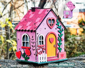 3D Wooden Valentine Love House Gift Box | Money Box, Tea Light Holder, Wedding & Anniversary Décor Digital Download |#669|