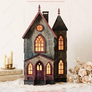 May include: A decorative wooden haunted house with illuminated windows and a red roof. The house features intricate details, including arched windows, a front porch, and a decorative tower. The house is a unique home decor item.