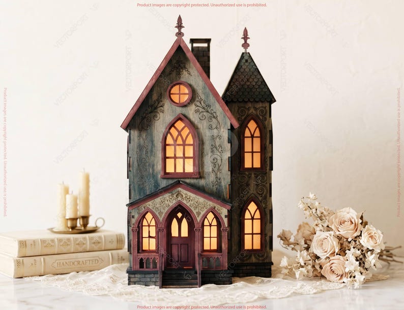 May include: A decorative wooden haunted house with illuminated windows and a red roof. The house features intricate details, including arched windows, a front porch, and a decorative tower. The house is a unique home decor item.