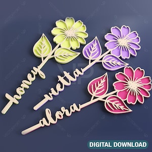 Fiore Laser Cut Out Art Gift Day Acrilico Legno Fiore personalizzato con nome File di taglio modificabili Download digitale /#051/