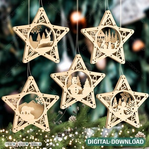 Forma di stella Decorazioni per l'albero di Natale Artigianato Appeso Pallina Scena innevata Cervo Capodanno Décor Taglio laser Download digitale /#314/