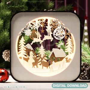 Lanterne Village de Noël | Bonhomme de neige, renne et maison découpés au laser | Lampe de table des fêtes en superposition 3D à téléchargement numérique |#499|