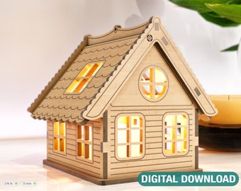 Wooden House Laser Cut Night Light Lamp Mdf Laser Cutting Home Lampshade Table Candle Holder Tea light SVG Digital Download |#087|