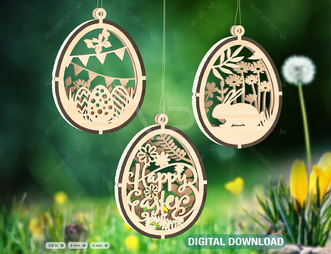 3D Easter Laser Cut Hanging Ornaments Egg Rabbits SVG Layered Decor ...