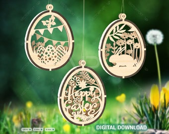3D Easter Laser Cut Hanging Ornaments Egg Rabbits SVG layered Decor, Floral Bunny multilayer Digital Download |#347|