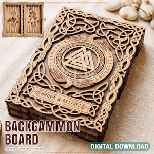 May include: A wooden backgammon board with intricate Celtic knotwork and the words "Honor & Destiny" carved into the surface. The board is closed, showcasing detailed carvings and a geometric design. The image also shows the open board and a small bowl of nuts.