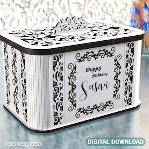 Caja de regalo decorativa de madera con diseño de corazón y flores. Joyero para bodas, cumpleaños, día de la madre, caja de regalo cortada con láser. Descarga digital. /#253/