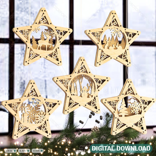 Star shape Christmas Tree Decorations Craft Hanging Bauble Snowy Scene Deer New Year Décor Laser cut Digital Download |#311|