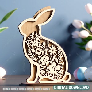 Lapin de Pâques debout fleurs printanières et lapins SVG fichiers découpés au laser, ornements floraux lapin, silhouette de lapin en téléchargement numérique |#395|