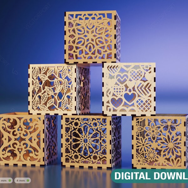 Decorative Laser Cutting Wooden Box Geometric Ornamental Gift Box Candle holder template Wedding Digital Download | SVG, DXF |#062|