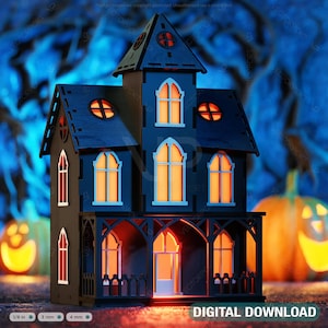 Portavelas con forma de casa espeluznante de Halloween en 3D, lámpara de noche de casa embrujada, corte láser, descarga digital /#480/