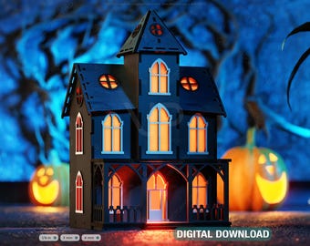 3D Halloween Spökhuslykta Värmeljushållare Spökhus Nattlampa Laserskuren Digital Nedladdning |#480|