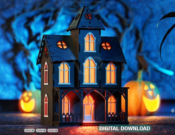 3D Halloween Spooky House Lantern Tealight Holder Haunted House Night Lamp Laser Cut Digital Download |#480|