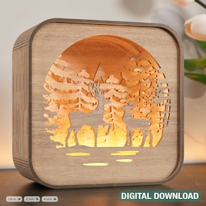 Lámpara de noche LED de madera con escena de bosque de ciervos, caja de sombras multicapa, pantalla cortada con láser, lámpara de mesa, lámpara de iluminación LED, descarga digital /#109/