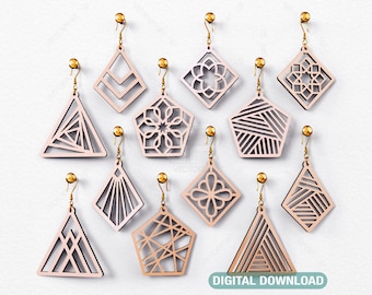 May include: A collection of wooden geometric earrings in various shapes, including triangles, diamonds, and pentagons. The earrings are light brown with intricate cut-out designs and gold-colored hooks. The words "DIGITAL DOWNLOAD" are in the bottom right corner.