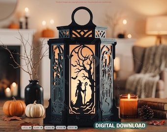 Halloween Silhouette Lantern | Intricate Spooky Witch, Haunted House Digital Download |#739|