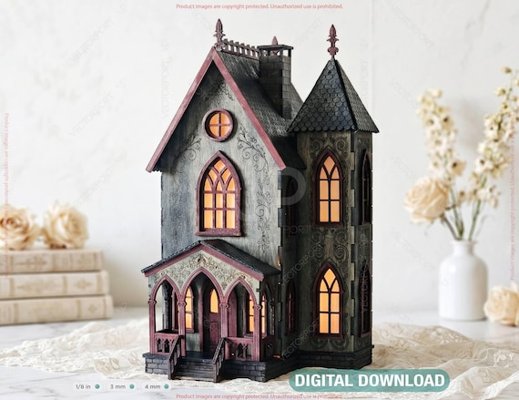 Gothic Haunted House Lantern SVG – Laser Cut Victorian House – Layered Wooden Luminary Digital Download |#716|