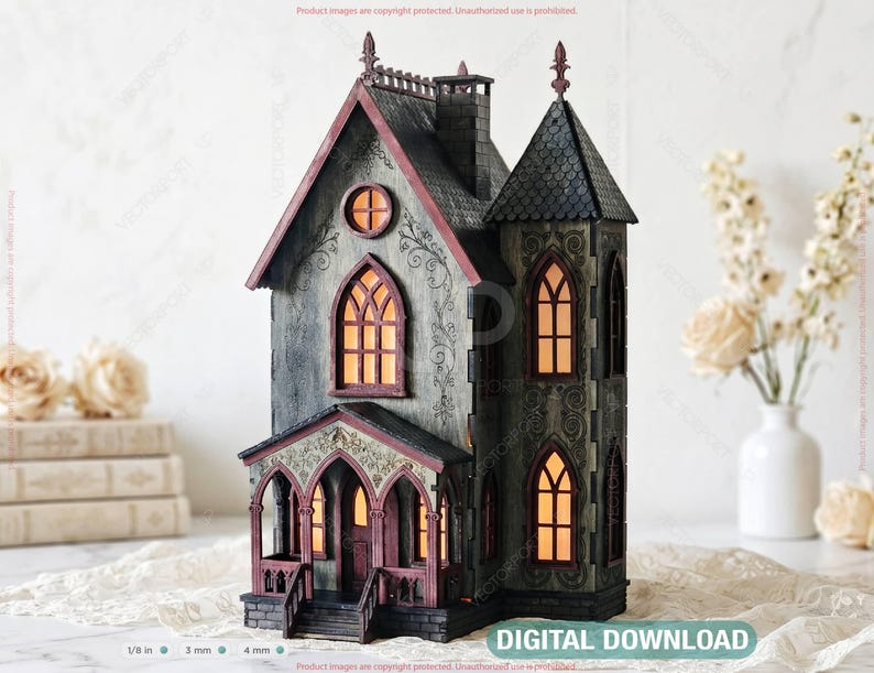 May include: A detailed, miniature haunted house model with a dark gray and red color scheme. The house features arched windows, a tower, and a porch. The text "DIGITAL DOWNLOAD" is visible on the base.