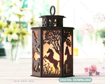 Horse Silhouette Forest Lantern: Laser Cut Tealight Candle Holder, Night Light Forest Scene Lantern Digital Download |#405|