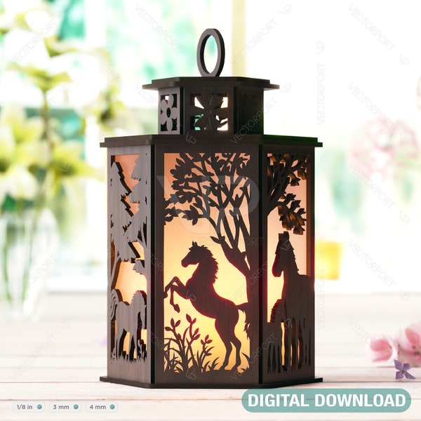 Horse Silhouette Forest Lantern: Laser Cut Tealight Candle Holder, Night Light Forest Scene Lantern Digital Download |#405|