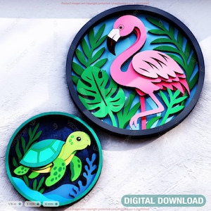 Diseño en capas de flamenco y tortuga / Animal 3D redondo SVG / Caja de sombra cortada a láser Descarga digital /#594/